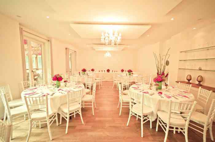 Großer Gartensaal der Hochzeitslocation Waldhof auf Herrenland mit runden Tischen und weißen Stühlen.