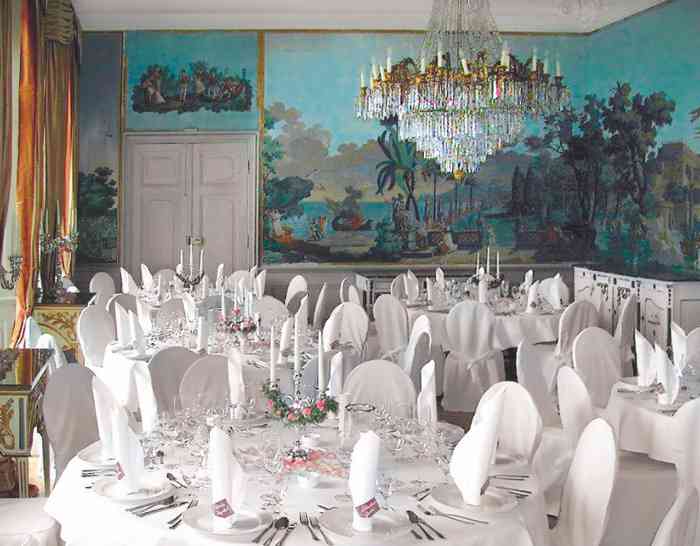 Gartensaal mit eingedeckten Tischen der Hochzeitslocation Herrenhaus Borghorst.