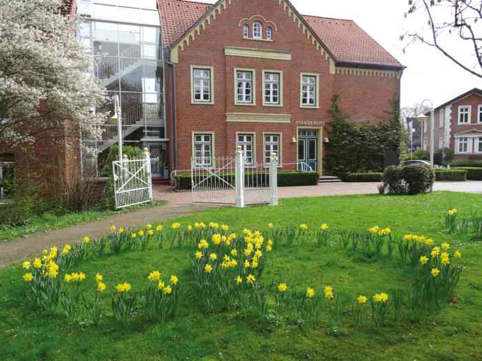 Vor dem Gebäudes des Standesamtes Seevetal in Hittfeld wurden Osterglocken in Form von zwei Eheringen angepflanzt.