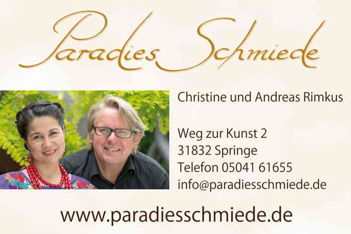 Visitenkarte Paradiesschmiede, Christine und Andreas Rimkus, Weg zur Kunst 2, 31832 Springe, info@paradiesschmiede.de, www.paradiesschmiede.de