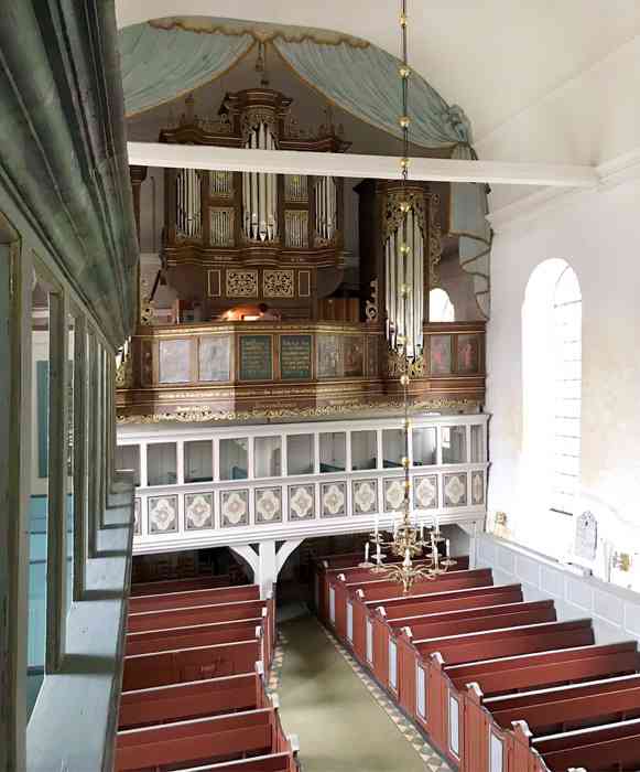 Kirchenschiff der Hochzeitskirche St. Martini et Nicolai zu Steinkirchen mit Blick auf die historische Orgel.
