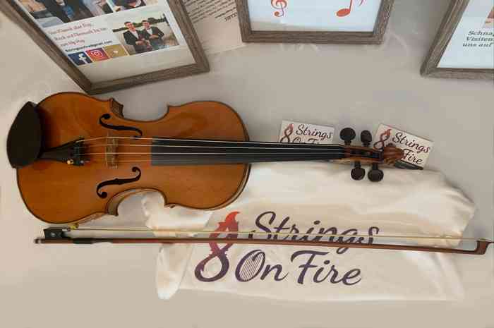 Die Geige von 8StringsOnFire auf einem Tisch.