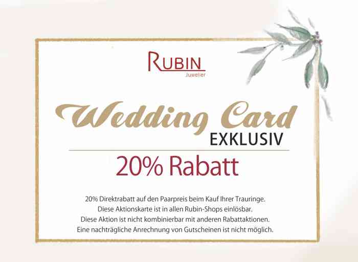 Rubin bietet mit der Wedding-CArd einen exklusiven Rabattvon 20 % auf Trauringpaare. Wedding Card von Juwelier Rubin